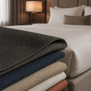 Tkaniny obiciowe ułożone na łóżku w pokoju hotelowym