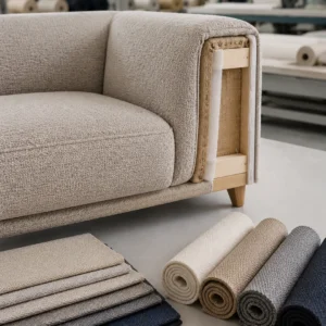 Sofa z odsłoniętą konstrukcją tapicerską i próbkami tkanin obiciowych