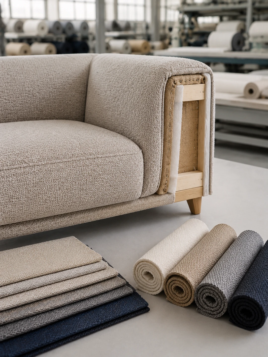 Sofa z odsłoniętą konstrukcją tapicerską i próbkami tkanin obiciowych